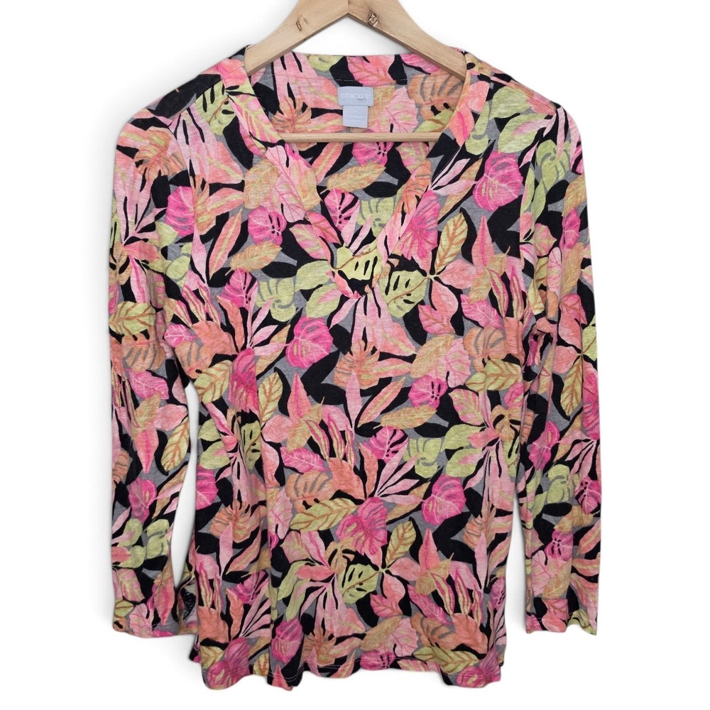 Chicos Top Womens 1P Petite Medium Pink Floral Print Linen V Neck 3/4 Sleeve Tee